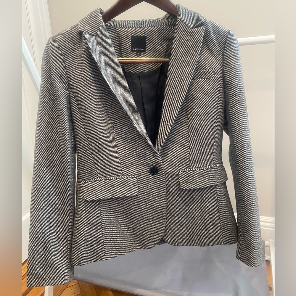 One button blazer suit jacket- gray striped - 50% wool - vintage / old school